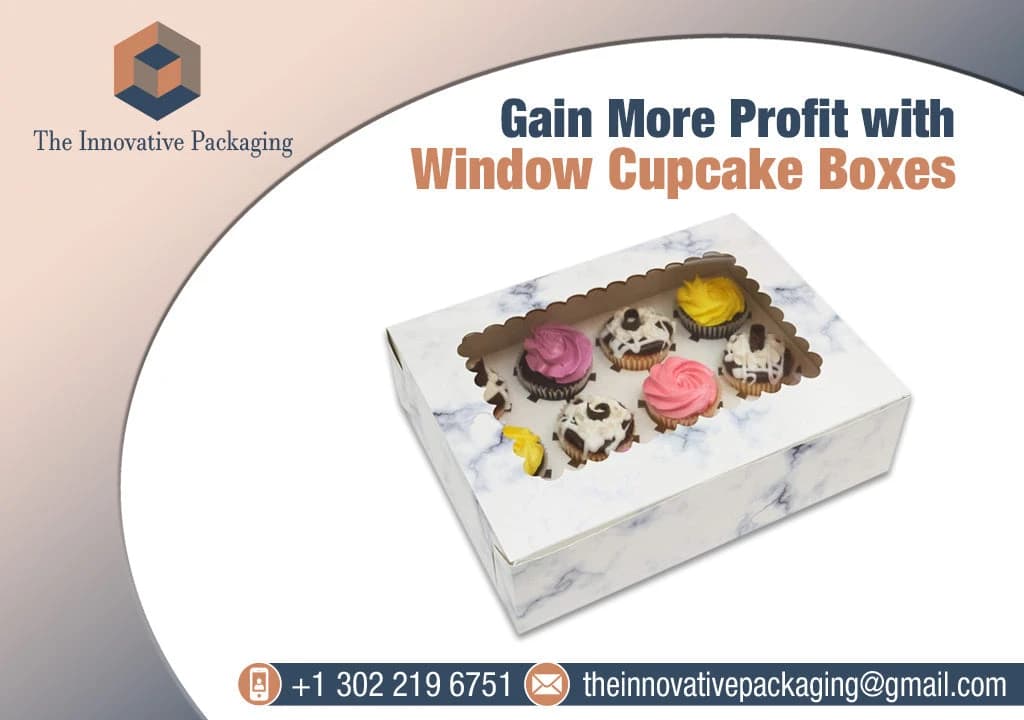 Custom window cupcake boxes displaying decorated cupcakes through a clear window panel